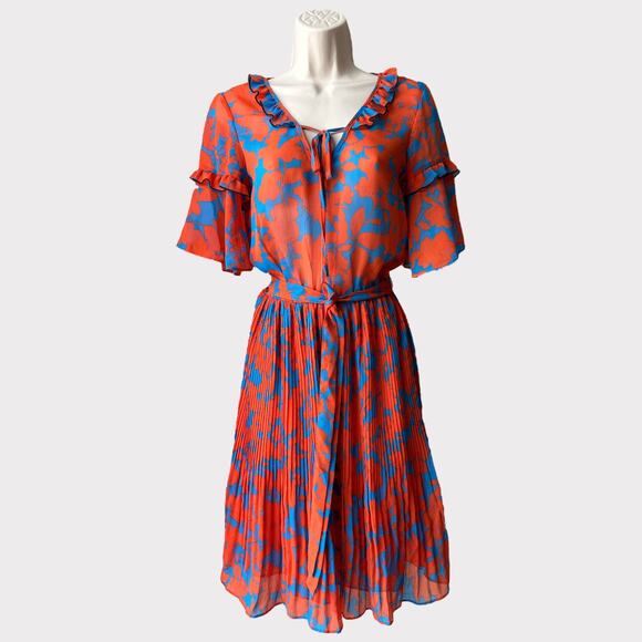 H&M Pleated Chiffon Floral Dress with Fringe Details, Size 2, Red/Blue - Picture 2 of 13
